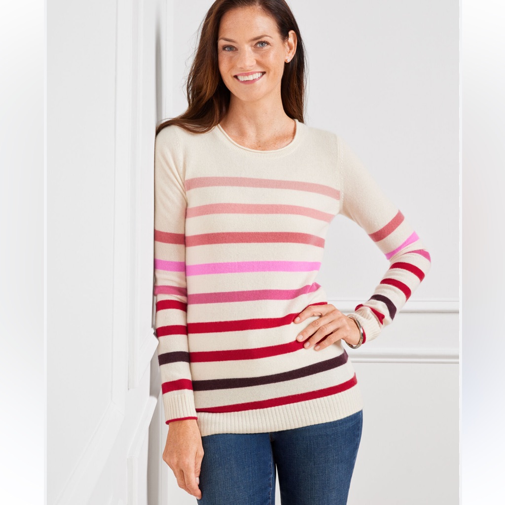 Talbots Petites 100% Pure Cashmere Crewneck Pullover -Stripe Ivory Multi Size Mp